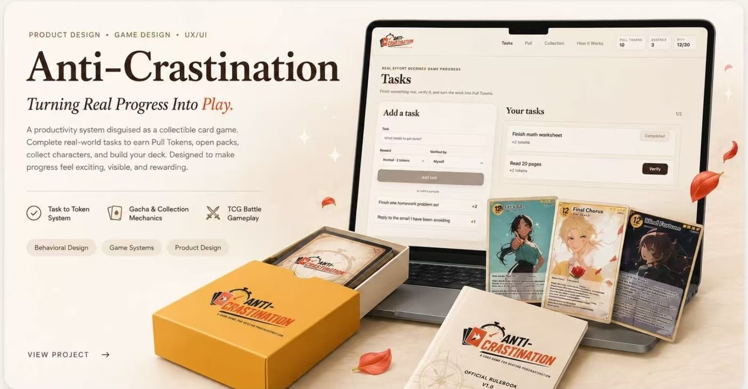 Anti-Crastination card game, rulebook, and task-tracking website
